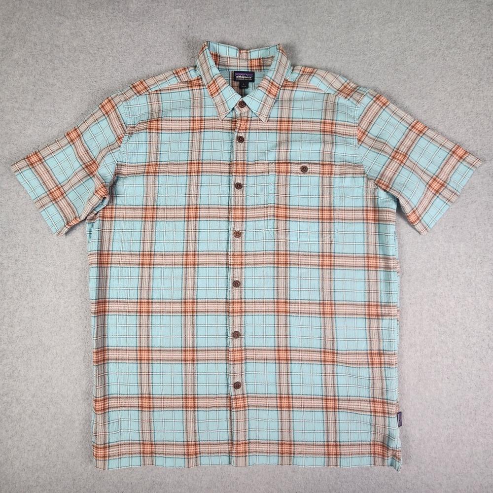 Patagonia A/C Short Sleeve Button Up Shirt Men L Artifact Blue Chest Pocke 52921